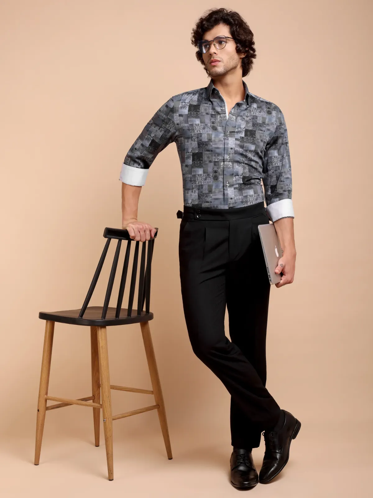 Pure Cotton Abstract Patches Shirt with Contrast Purple