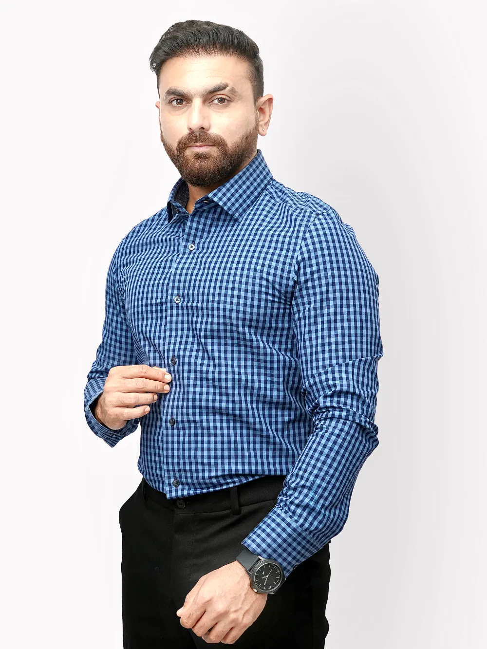 100% Cotton, 'Blue in the Ocean' Checked Designer Shirt