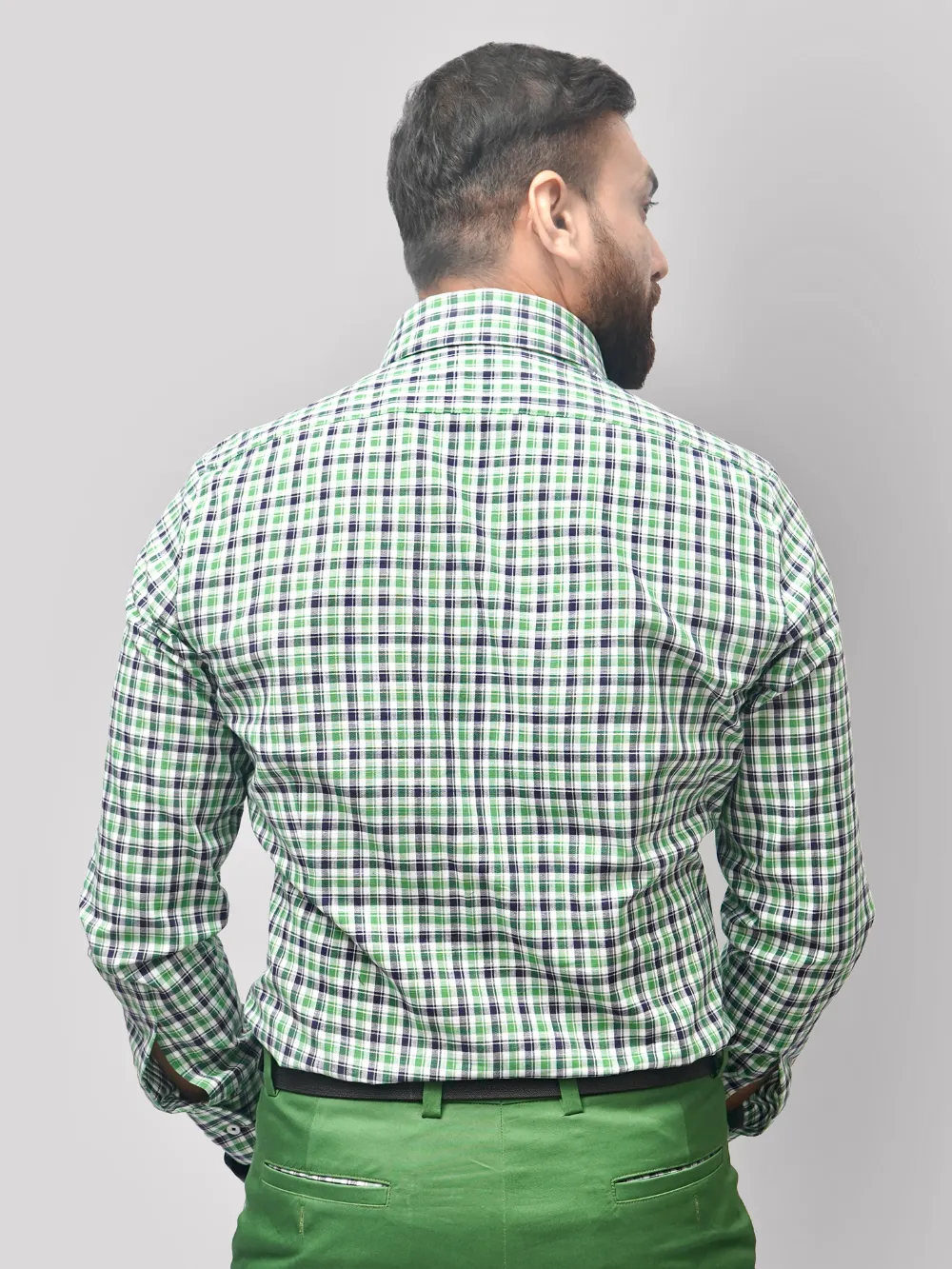 Pure Cotton Olive Grid Shirt With Contrast Detailing
