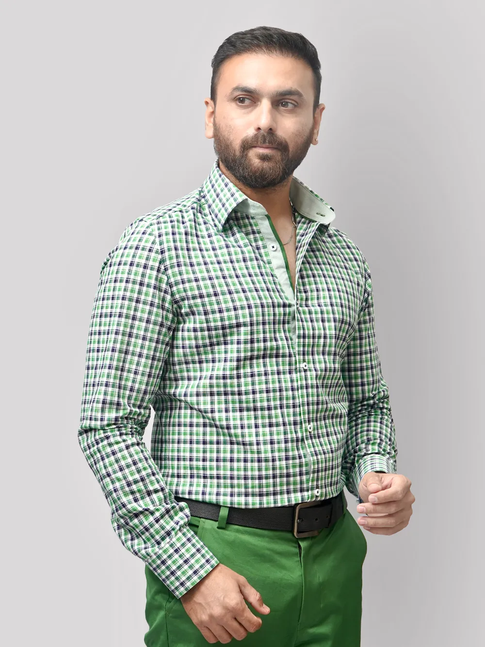 Pure Cotton Olive Grid Shirt With Contrast Detailing