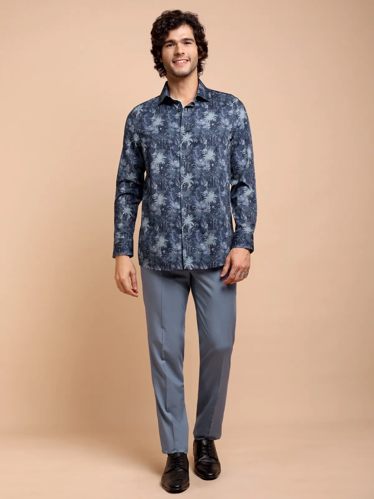 Pure Cotton Night Forest Print Indigo and Sky Shirt