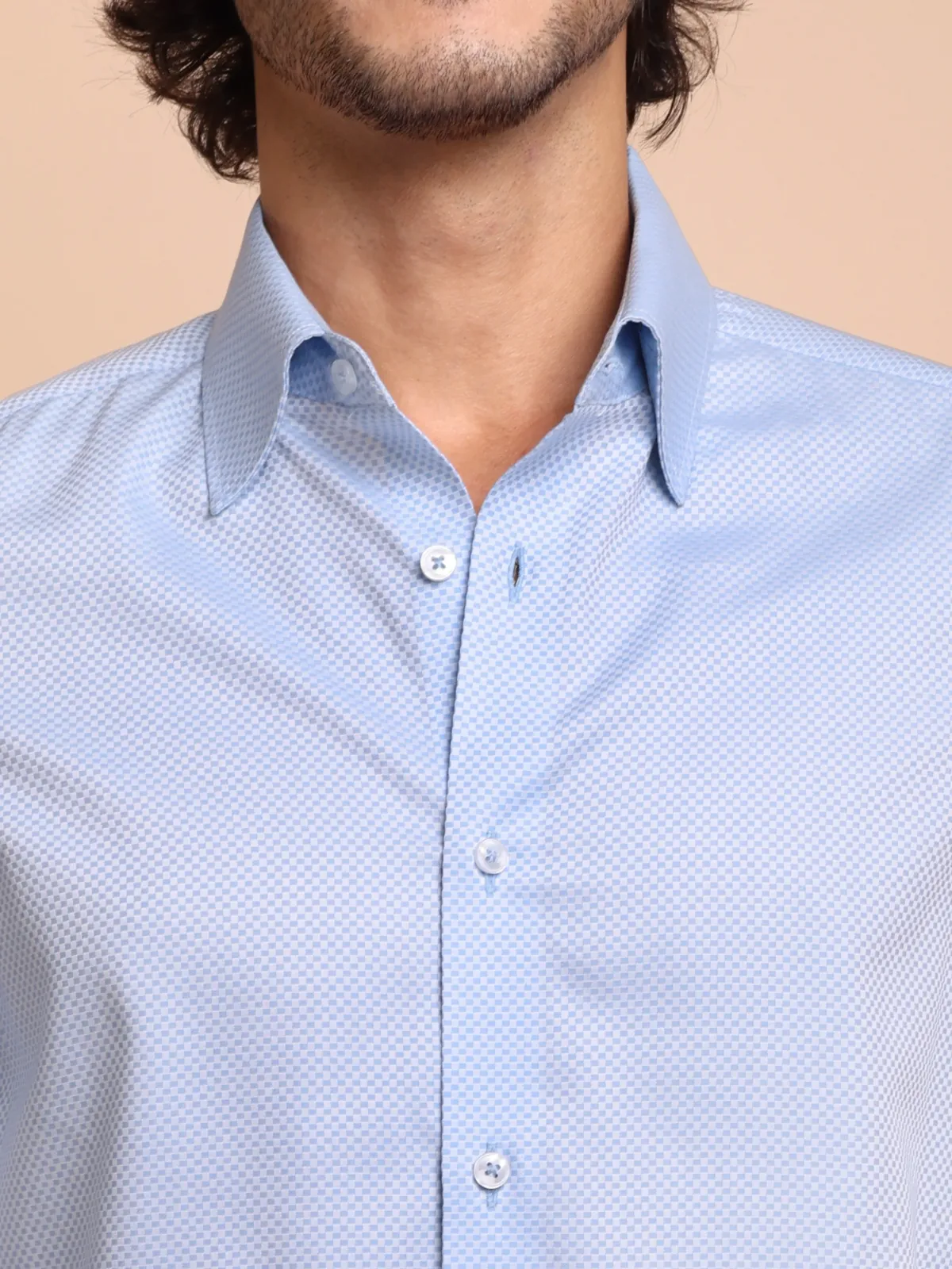 Pure Cotton Non Iron Sky Checkerboard Shirt - Dobby weave