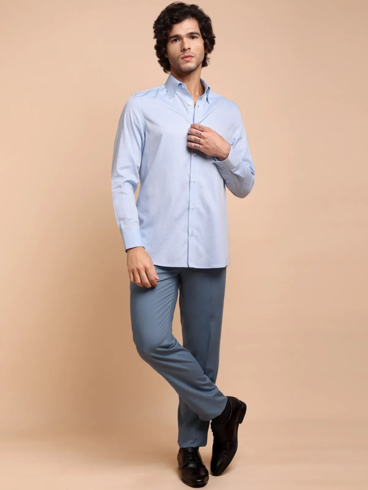 Pure Cotton Non Iron Sky Checkerboard Shirt - Dobby weave
