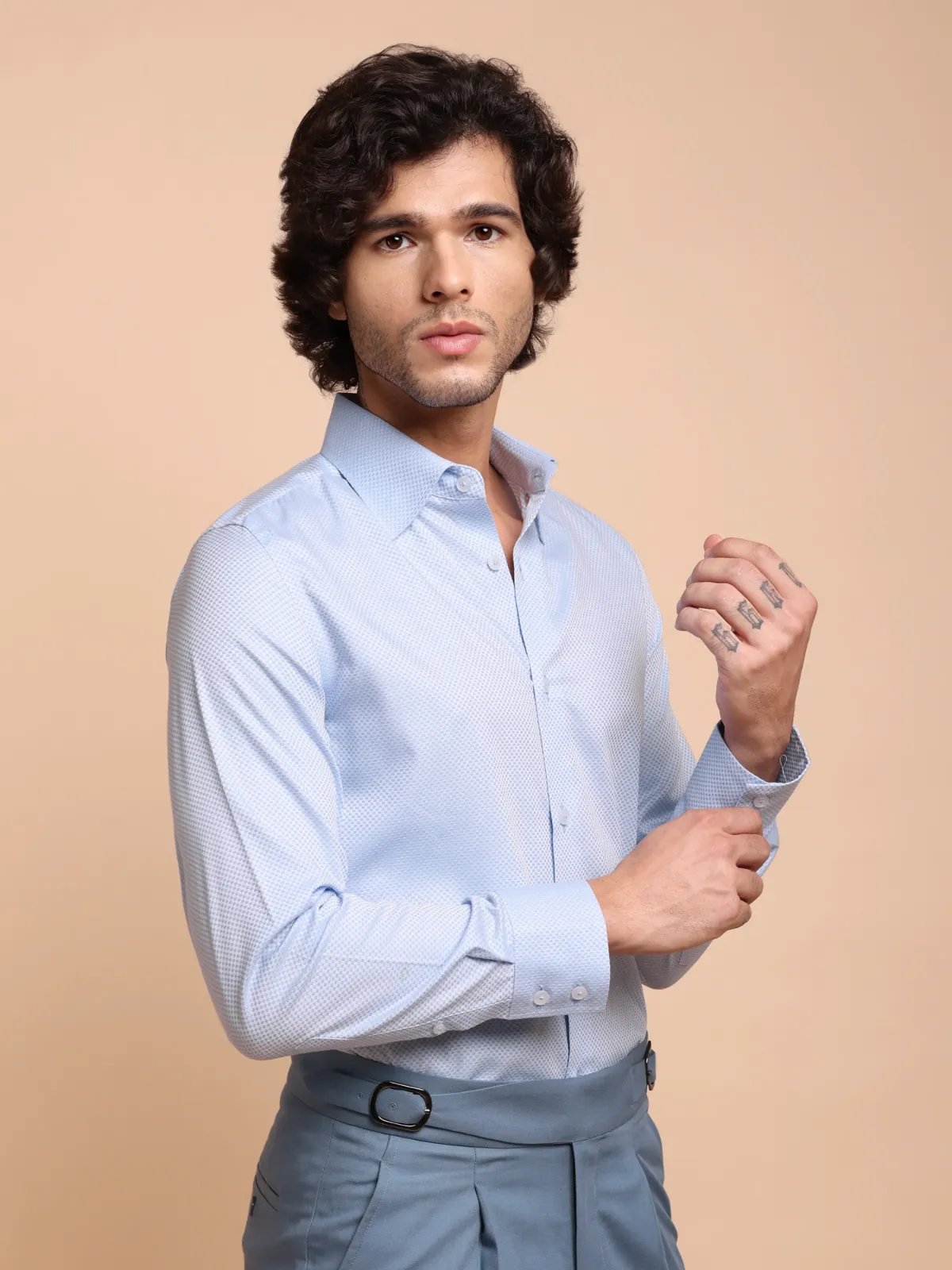 Pure Cotton Non Iron Sky Checkerboard Shirt - Dobby weave