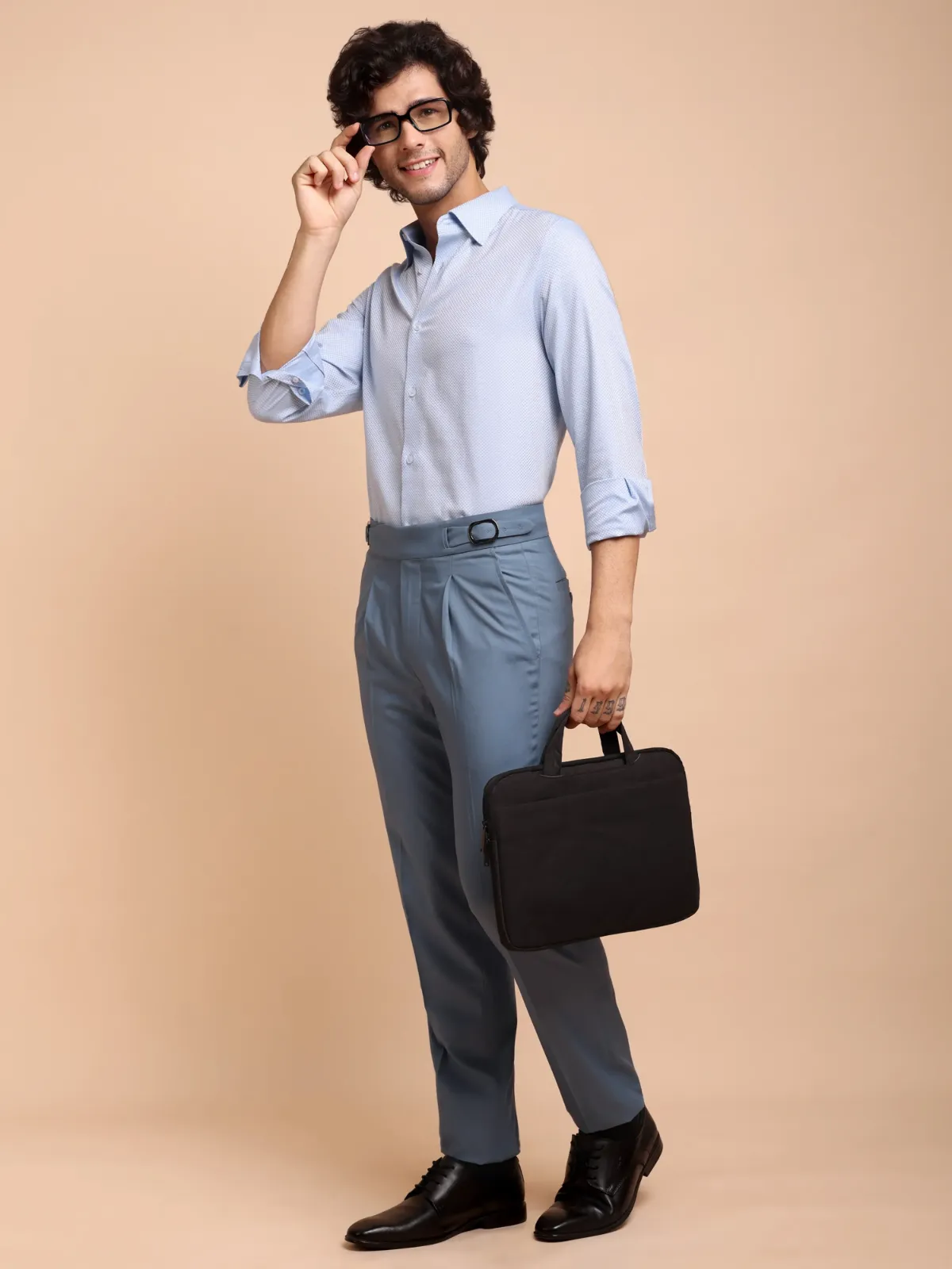Pure Cotton Non Iron Sky Checkerboard Shirt - Dobby weave