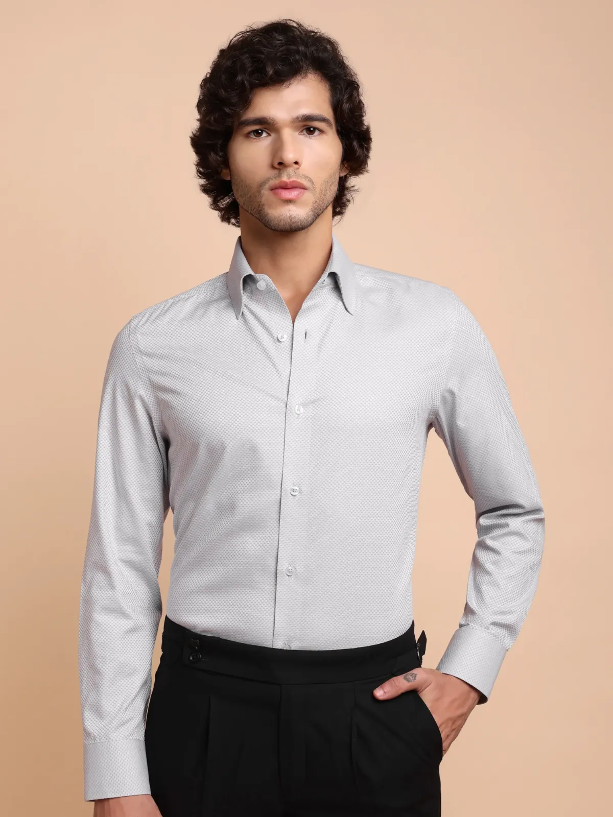 Pure Cotton Non Iron Smoke Checkerboard Shirt - Dobby weave