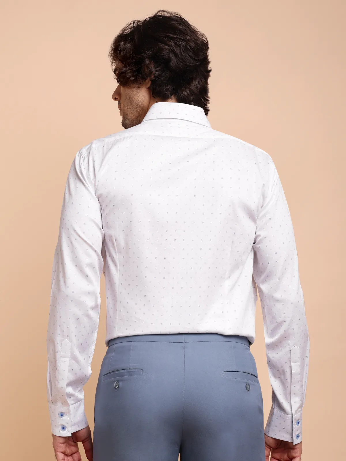 Pure Cotton White Shirt with Fine Print - Satin Weave