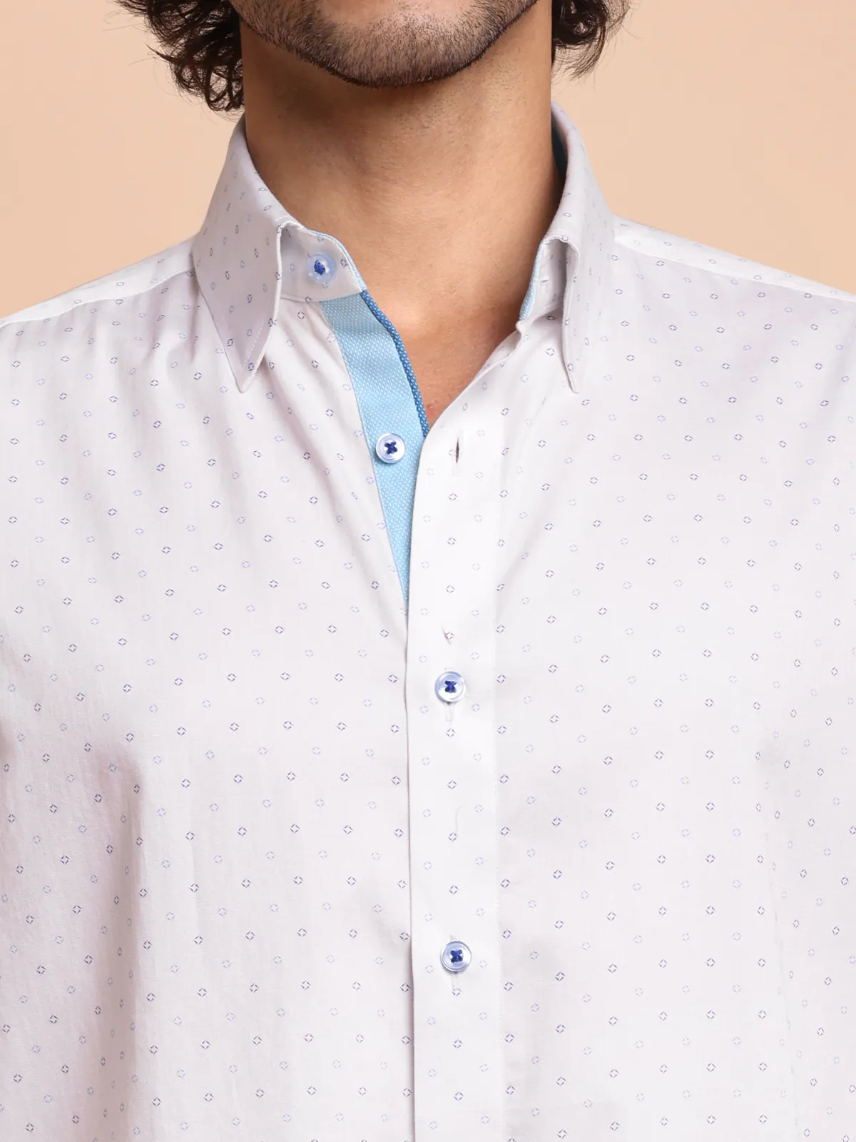 Pure Cotton White Shirt with Fine Print - Satin Weave