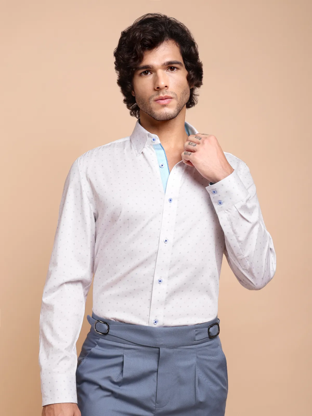 Pure Cotton White Shirt with Fine Print - Satin Weave