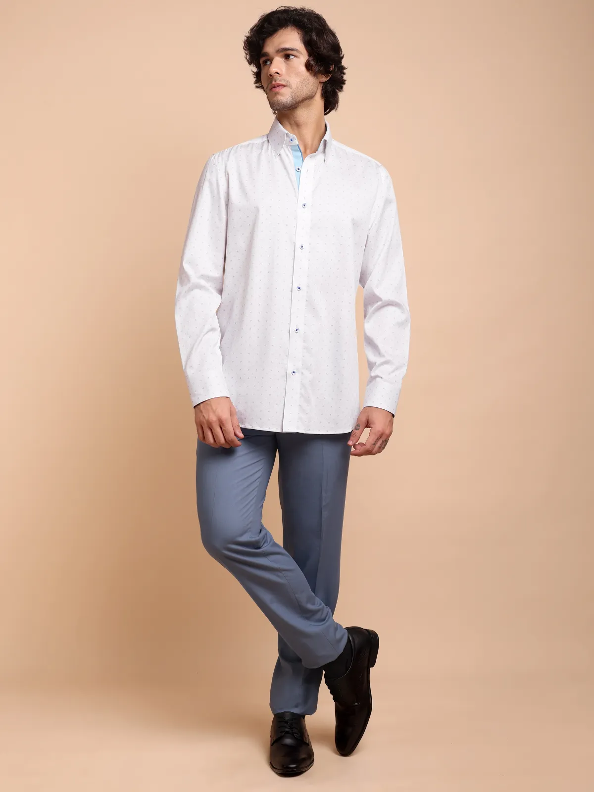 Pure Cotton White Shirt with Fine Print - Satin Weave