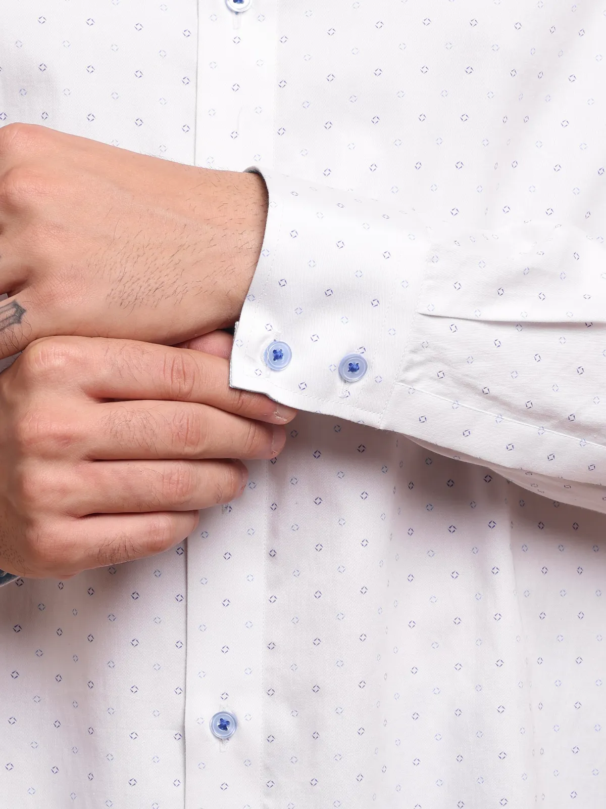 Pure Cotton White Shirt with Fine Print - Satin Weave