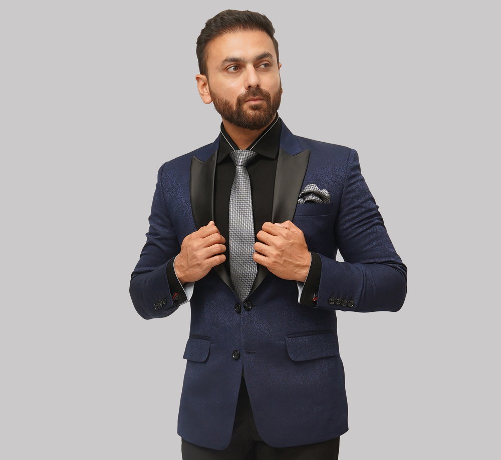 Luxury Viscose-Polyester Blend Suit with Unique Modern Print ? Royal Blue and Black