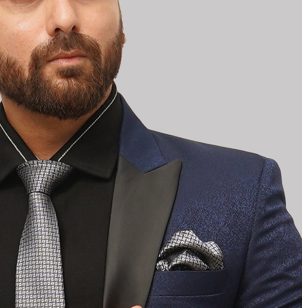 Luxury Viscose-Polyester Blend Suit with Unique Modern Print ? Royal Blue and Black