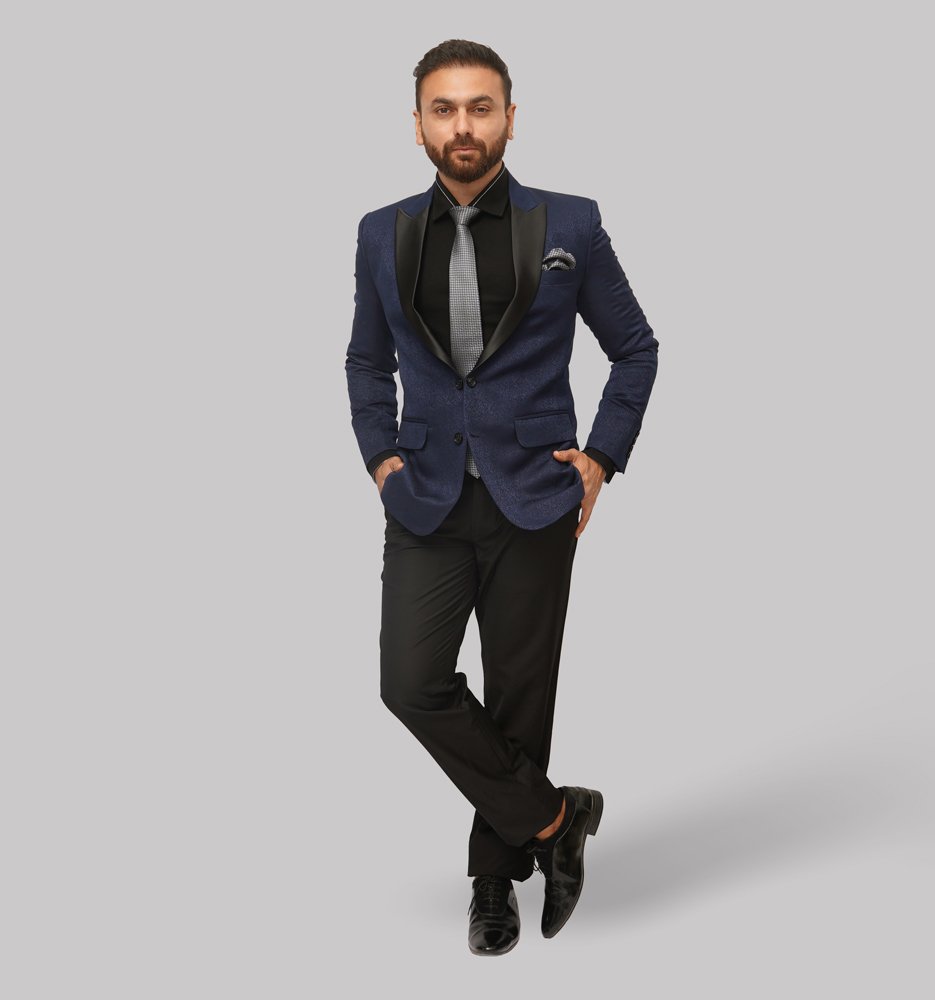 Luxury Viscose-Polyester Blend Suit with Unique Modern Print ? Royal Blue and Black