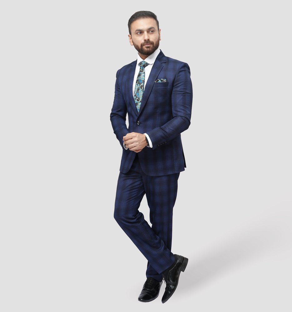 Luxury Premium Viscose Suit with Sky and Blue Grid