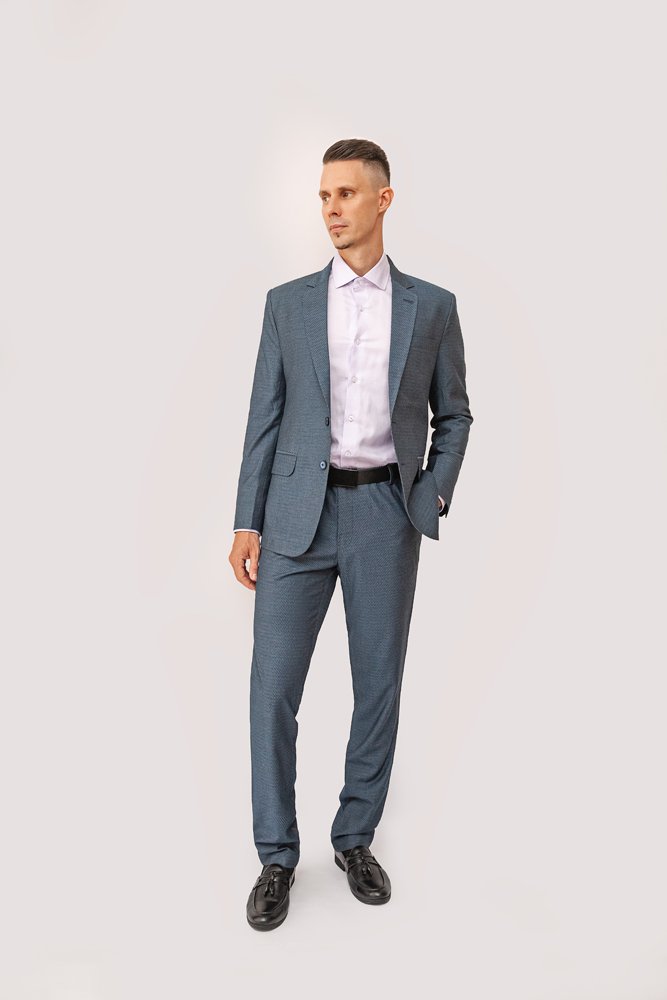 Luxury Wool Polyester Blend Suit with Herringbone Weave ? Steel Gray
