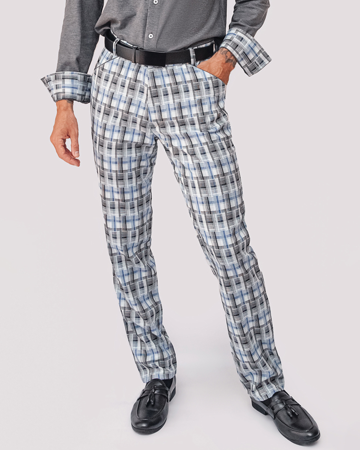 Luxury Viscose Trousers with Plaid Weave - White, Sky and Black