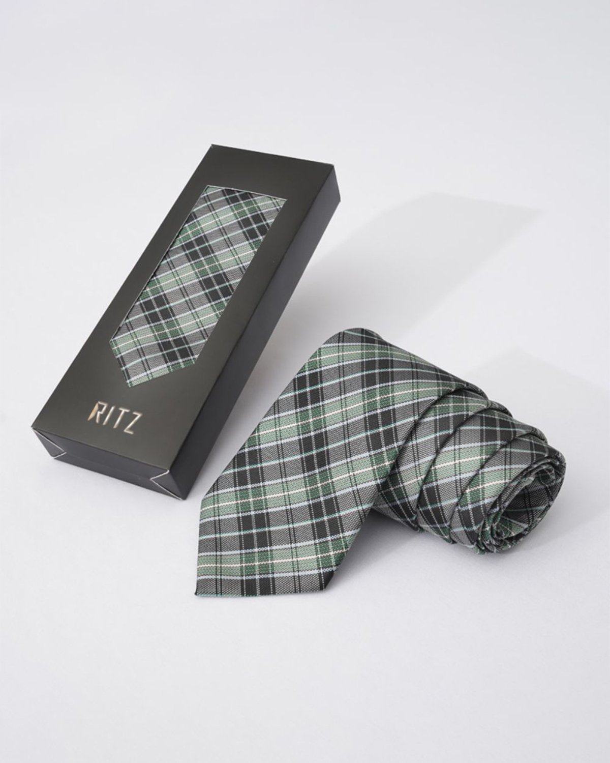 Gray, Black and Olive Grid Patterned Neck Tie