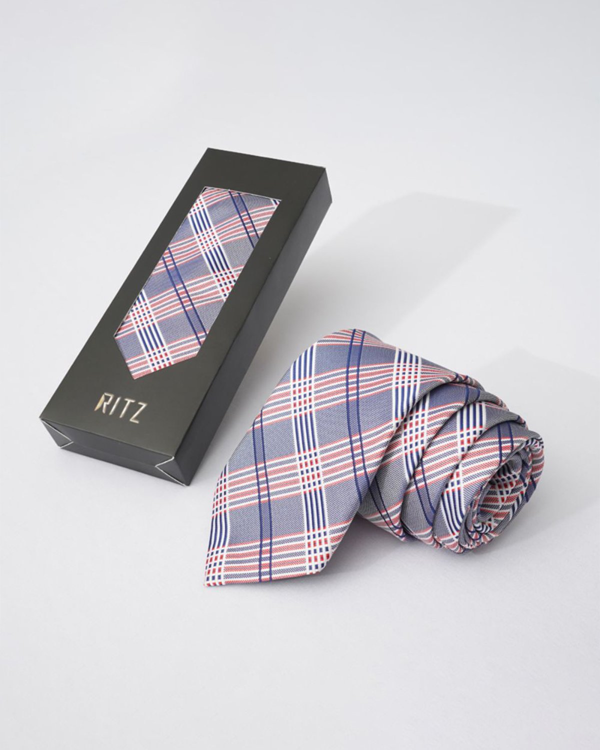 Sky, Red and White Grid Patterned Neck Tie