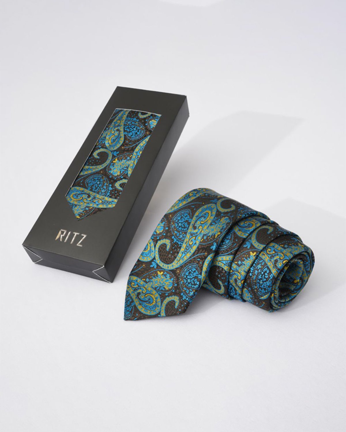 Black base with Blue and Turmeric Yellow Paisley Neck Tie