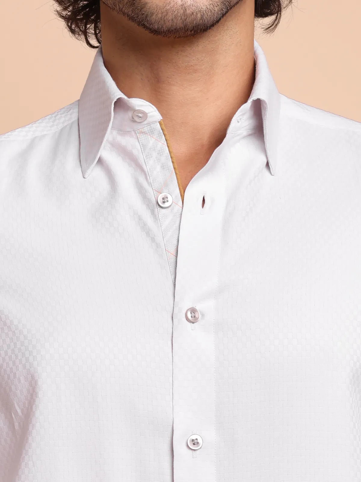 White Dress Shirt with Self Checks and Contrast Accent