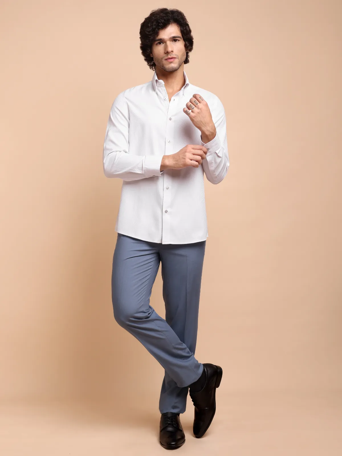 White Dress Shirt with Self Checks and Contrast Accent