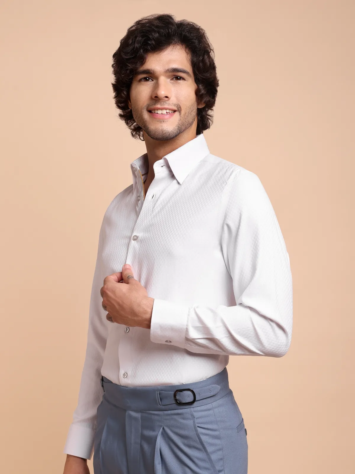 White Dress Shirt with Self Checks and Contrast Accent