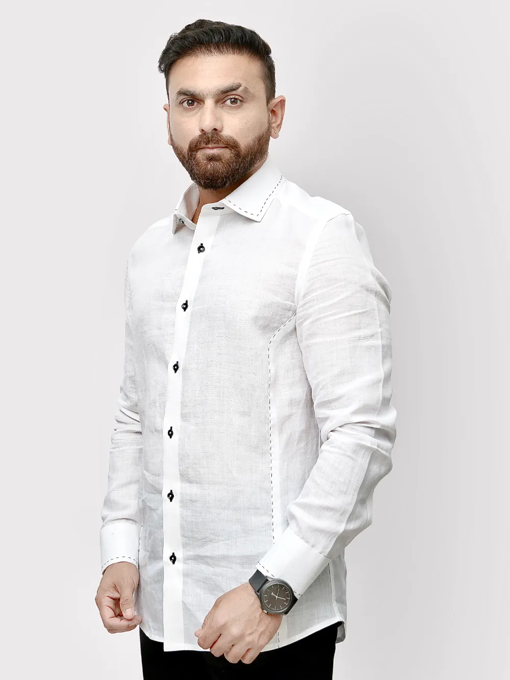 Sustainable - 100% Hemp Plain White Shirt Black Out-stitch