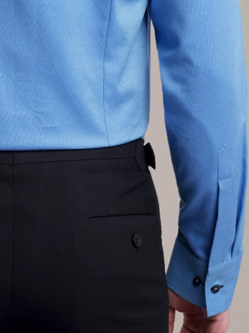 Topaz designer pair of plain turquoise shirt and black trousers