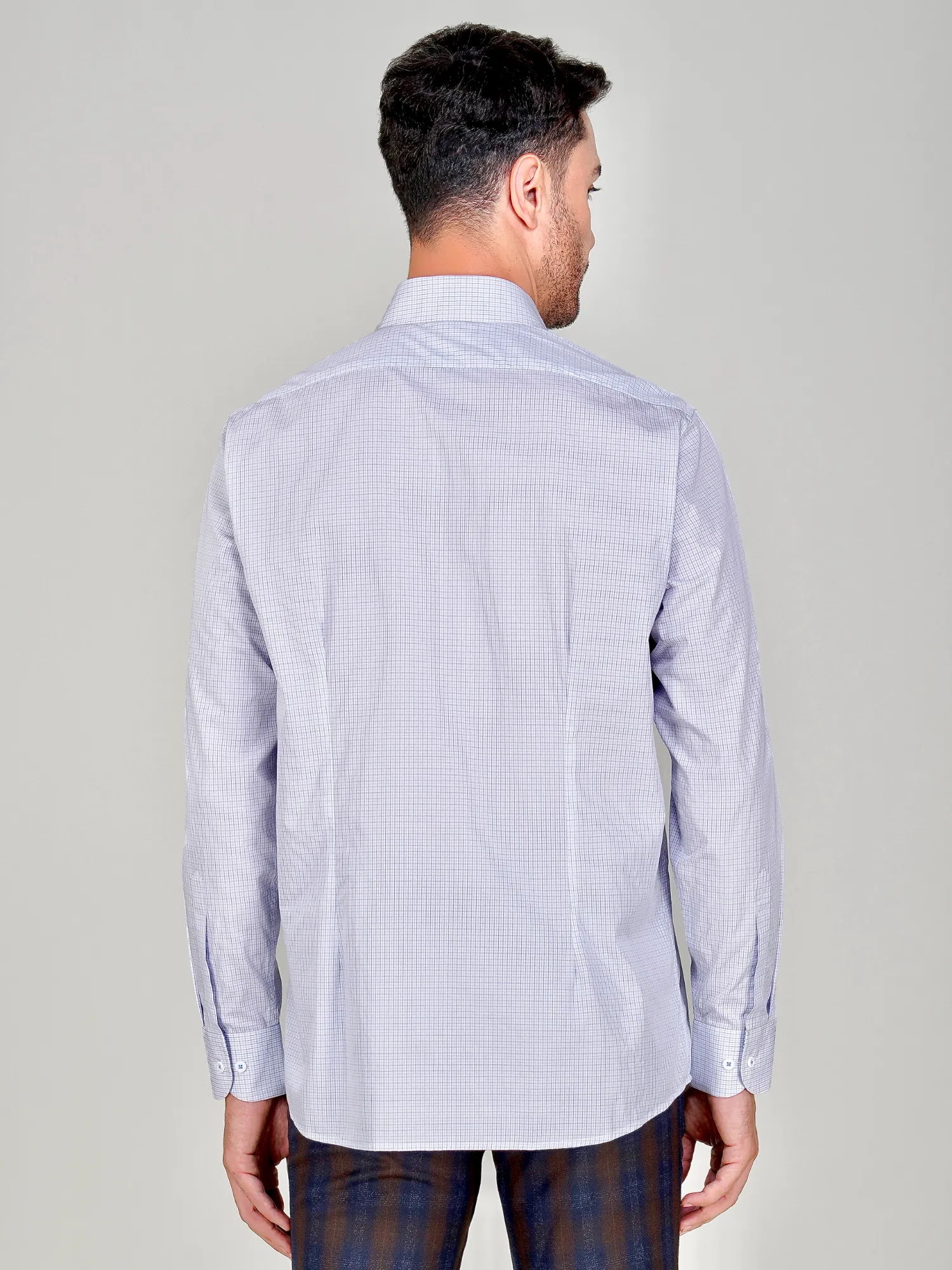 Non-Iron Pure Cotton White Shirt with Light Blue Grid