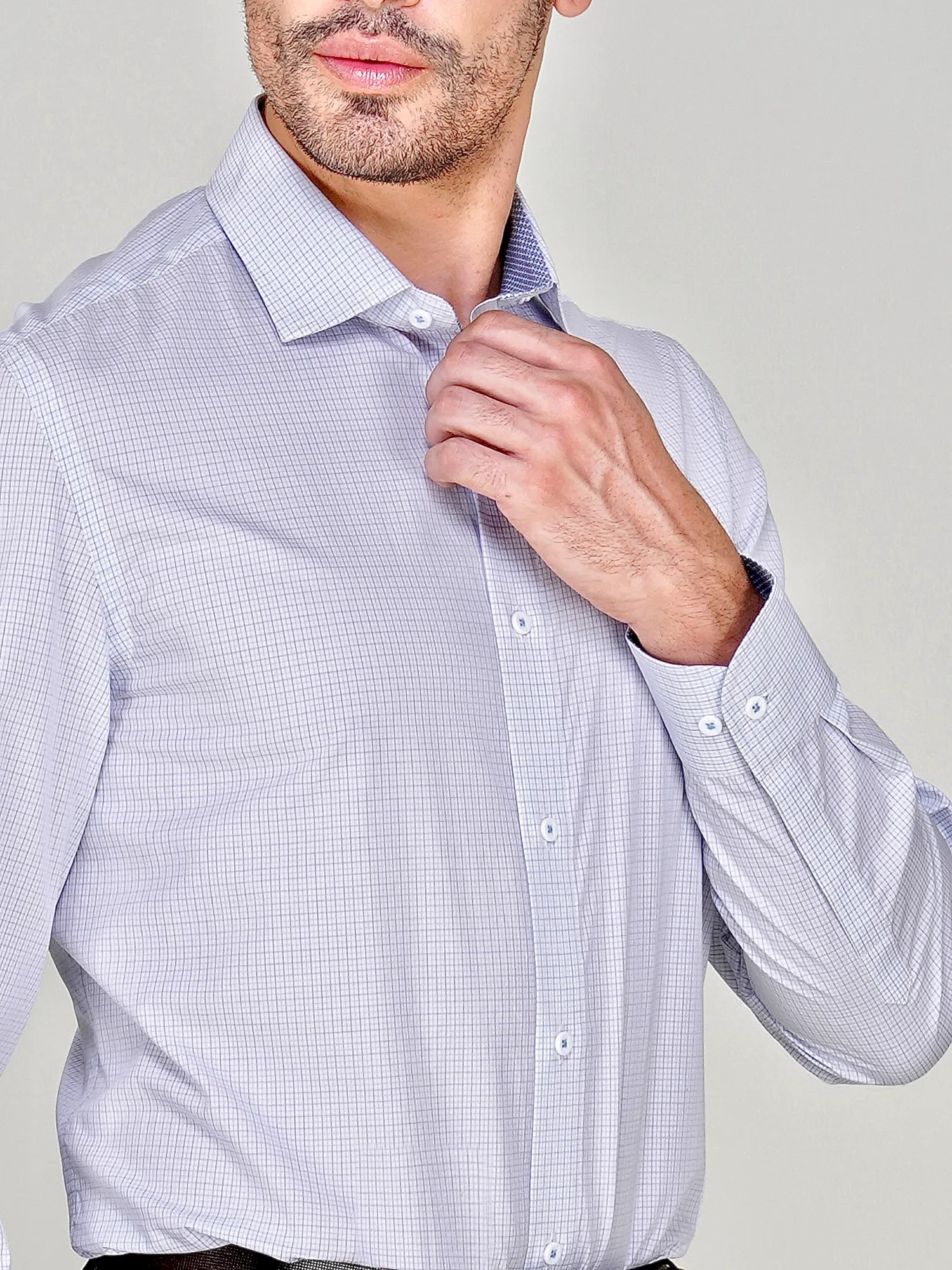 Non-Iron Pure Cotton White Shirt with Light Blue Grid
