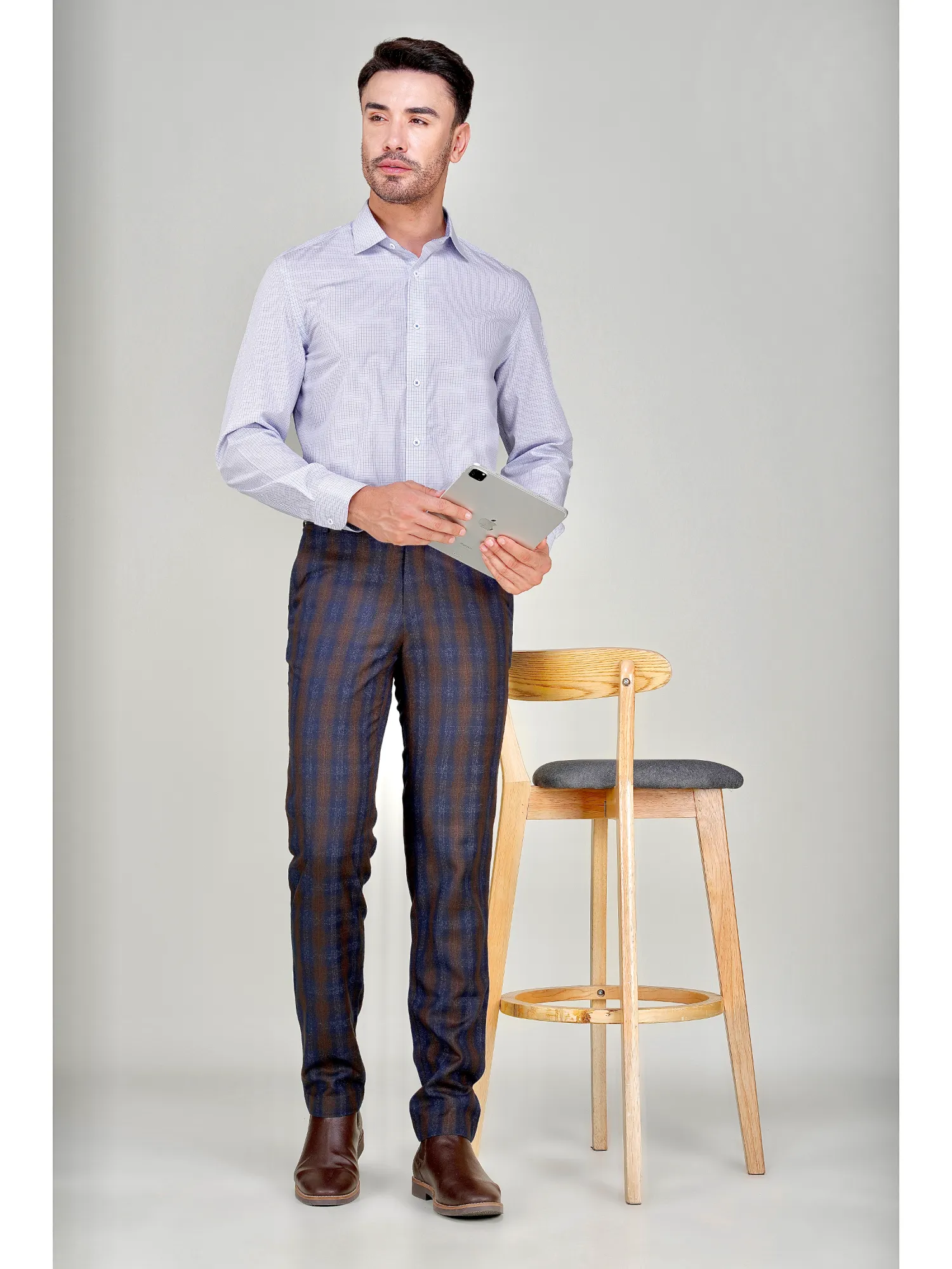Non-Iron Pure Cotton White Shirt with Light Blue Grid