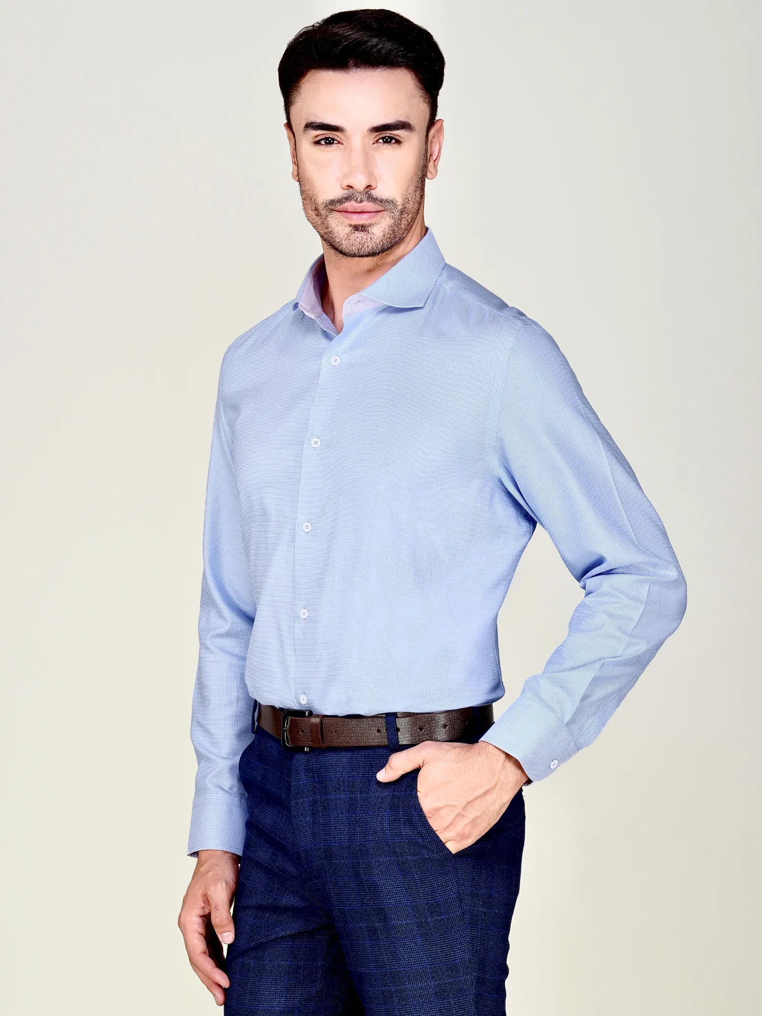 Non-Iron Pure Cotton Hound’s Tooth Sky Shirt