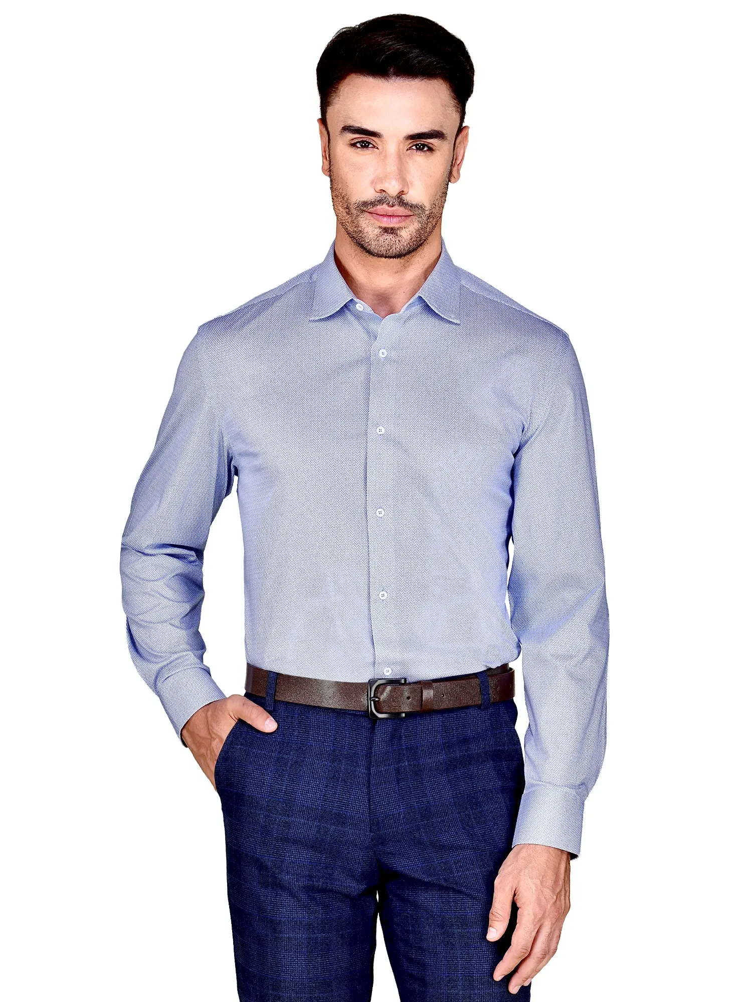 Non-Iron Stretch Sky Geometry Print Shirt – Knitted Weave
