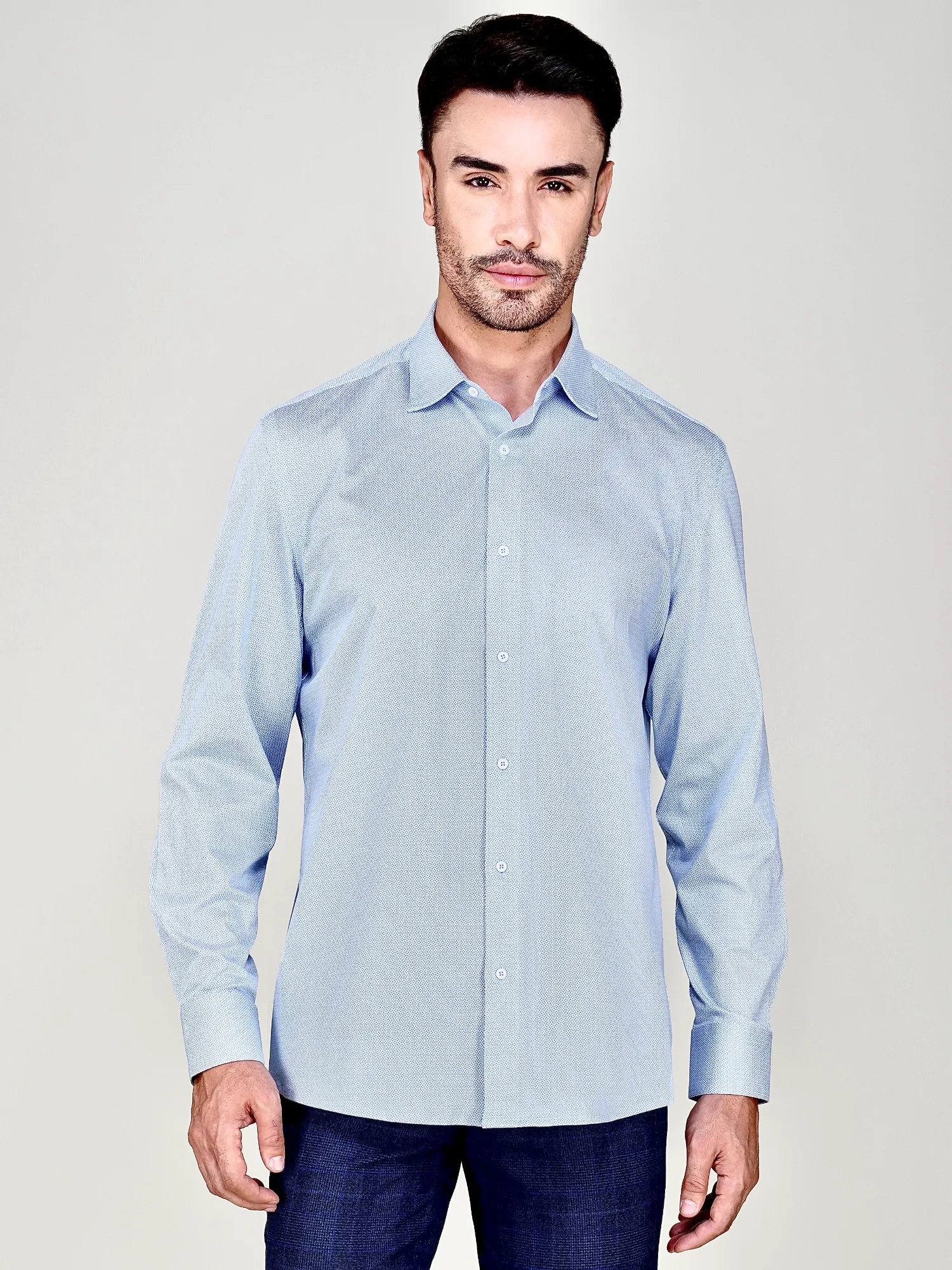 Non-Iron Stretch Sky Geometry Print Shirt – Knitted Weave