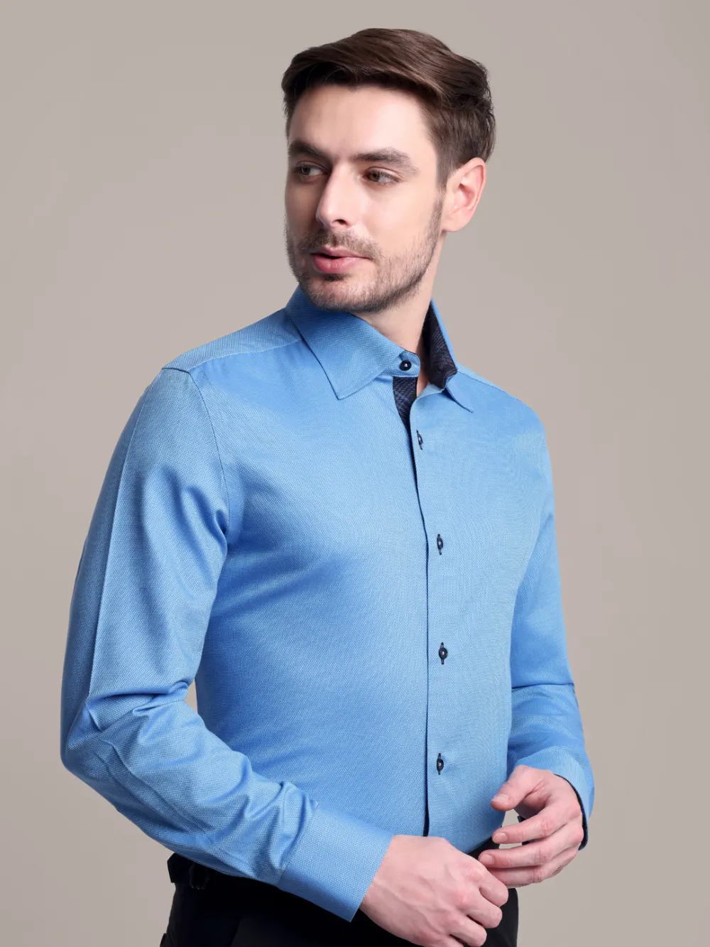 Topaz designer pair of plain turquoise shirt and black trousers