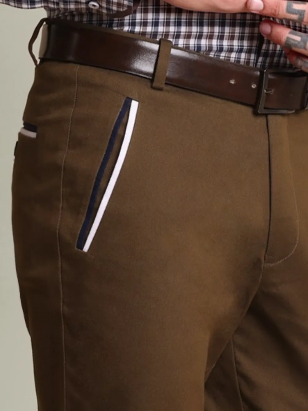 Brown and Navy Grid Shirt with Stretch Brown Chino Designer Pair
