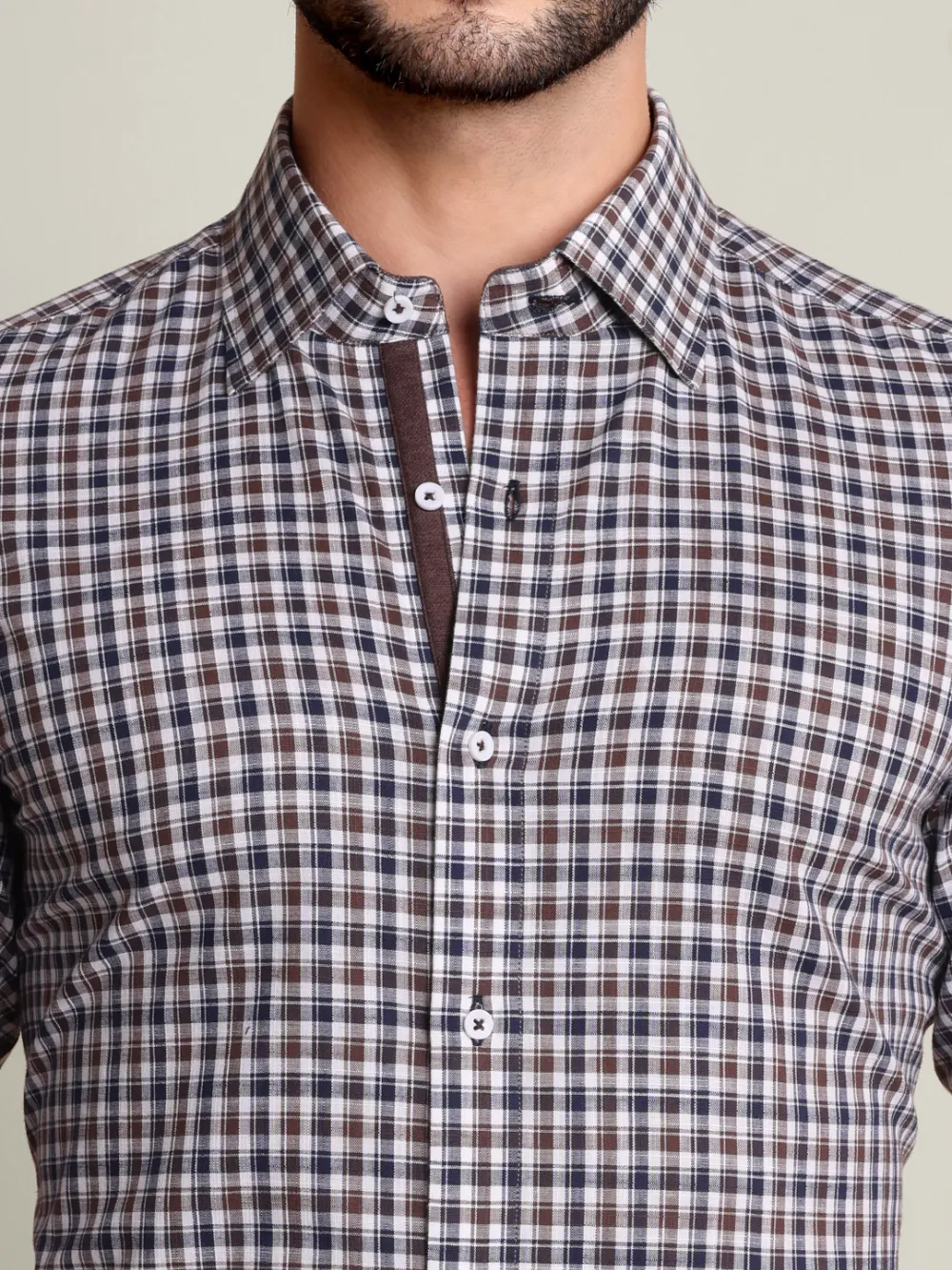Brown Checked 100% Cotton Shirt with Contrast Detailing