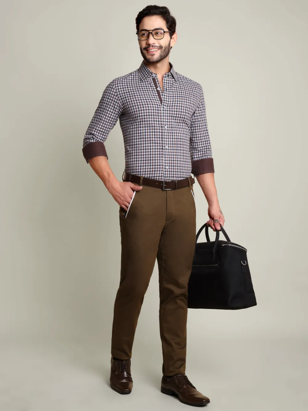 Brown Checked 100% Cotton Shirt with Contrast Detailing