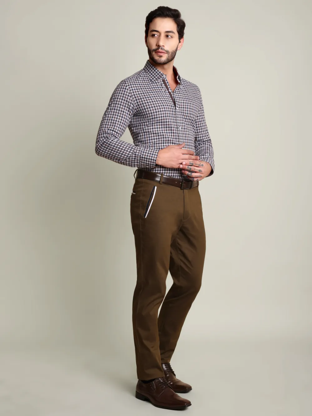 Brown Checked 100% Cotton Shirt with Contrast Detailing