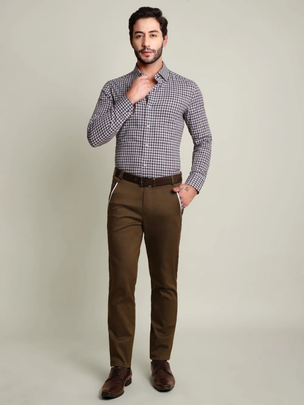 Brown Checked 100% Cotton Shirt with Contrast Detailing
