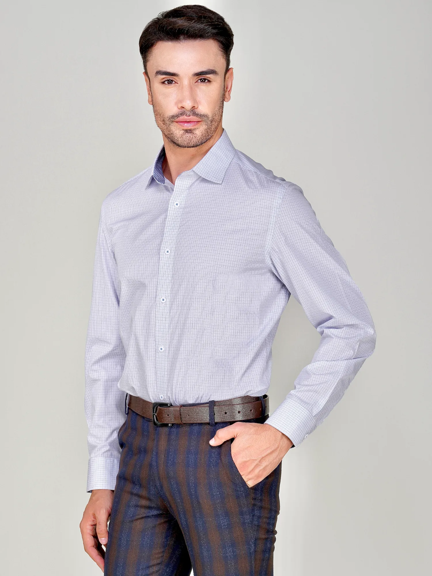 Non-Iron Pure Cotton White Shirt with Light Blue Grid
