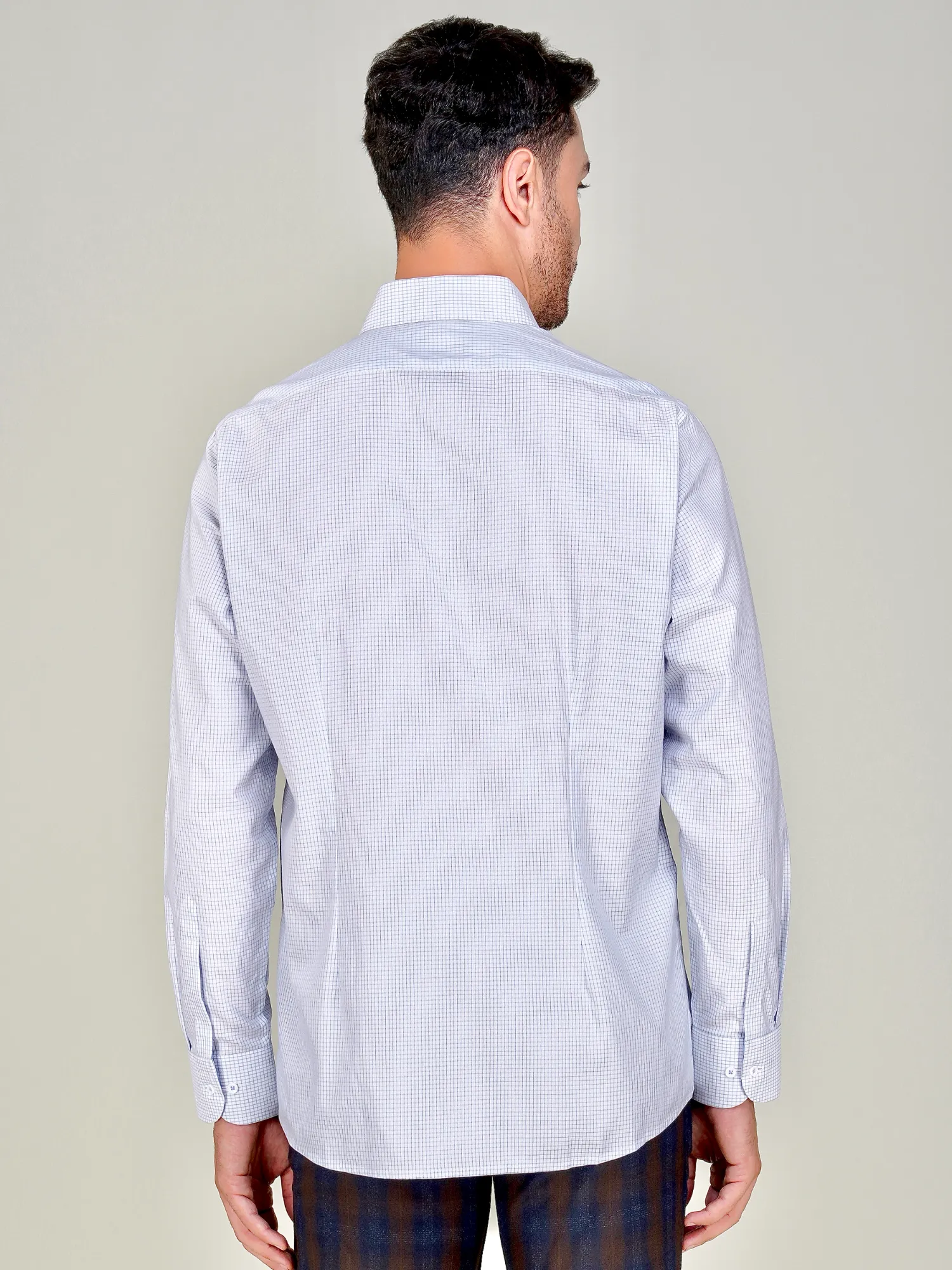 Non-Iron Pure Cotton White Shirt with Light Blue Checks – Dobby Weave