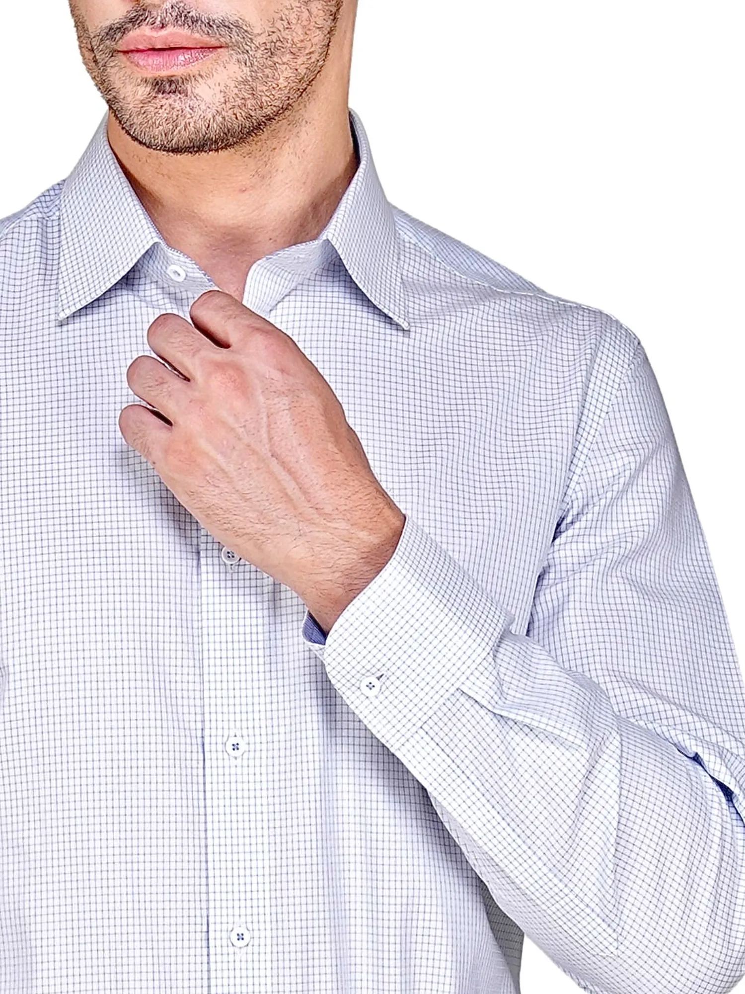 Non-Iron Pure Cotton White Shirt with Light Blue Checks – Dobby Weave