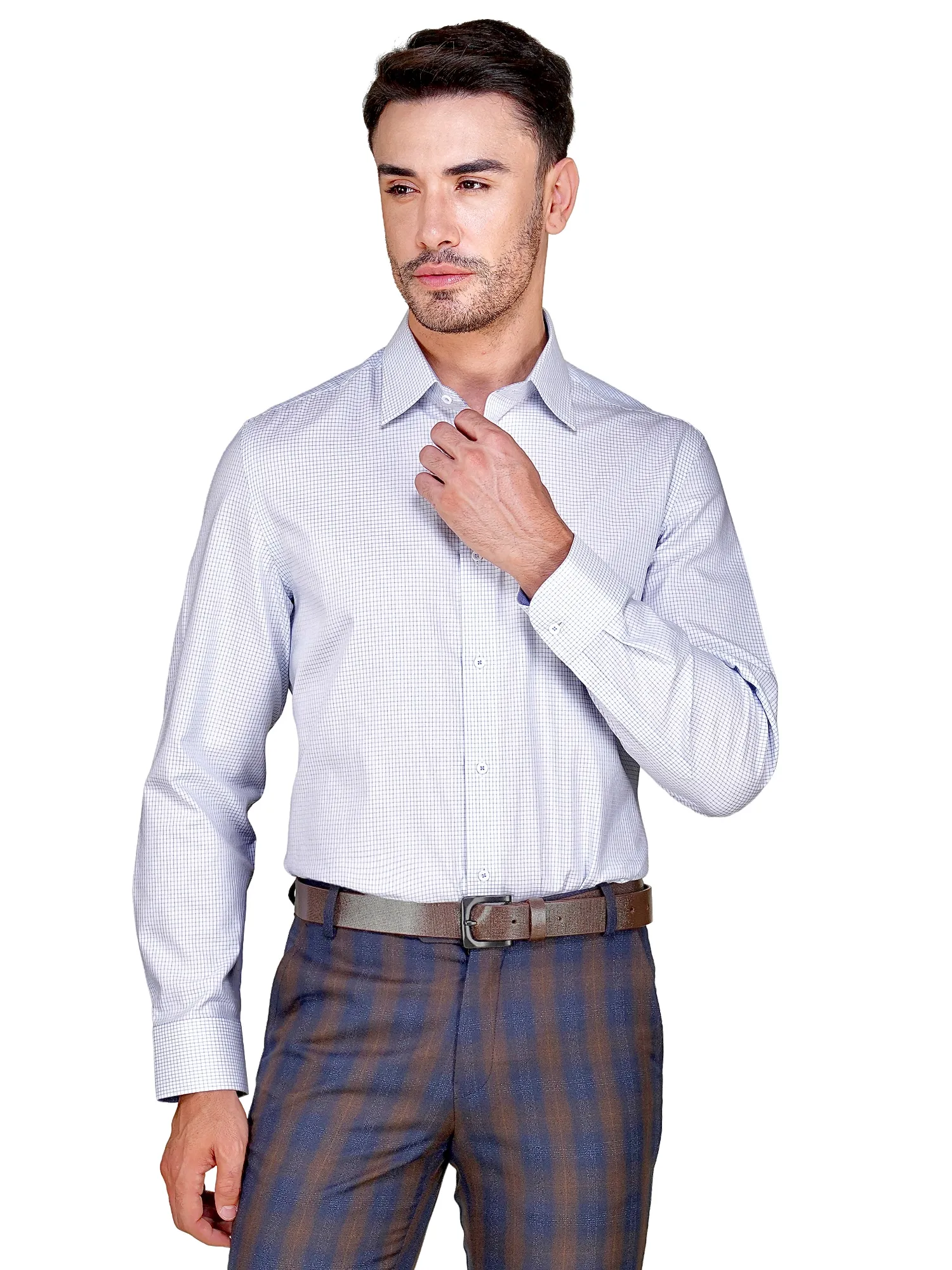 Non-Iron Pure Cotton White Shirt with Light Blue Checks – Dobby Weave
