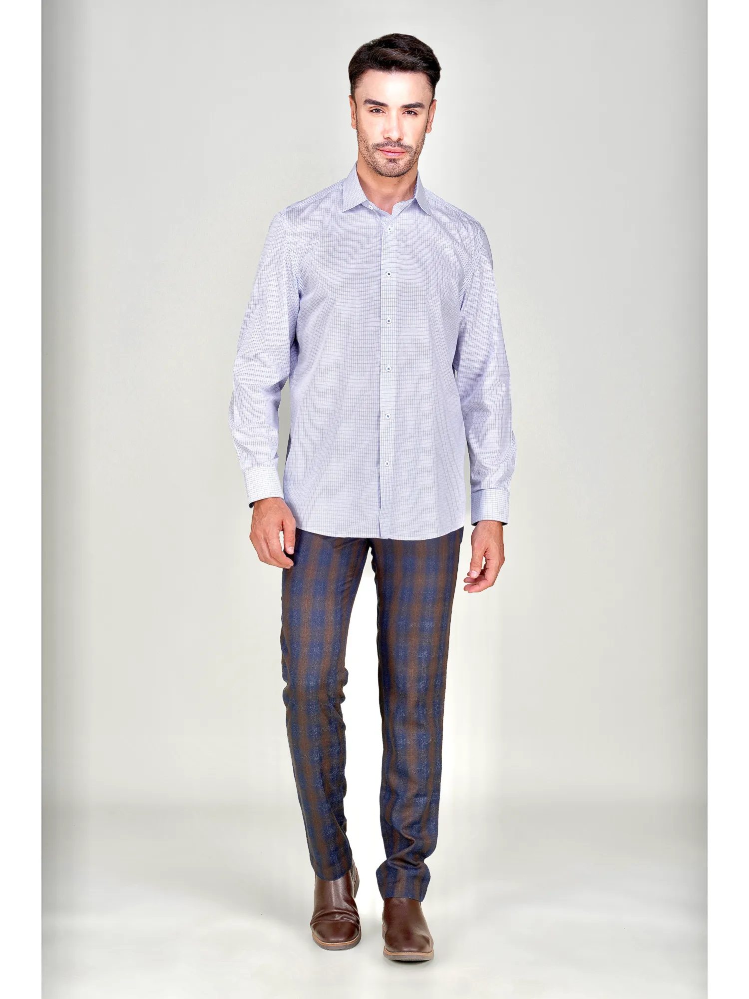 Non-Iron Pure Cotton White Shirt with Light Blue Checks – Dobby Weave