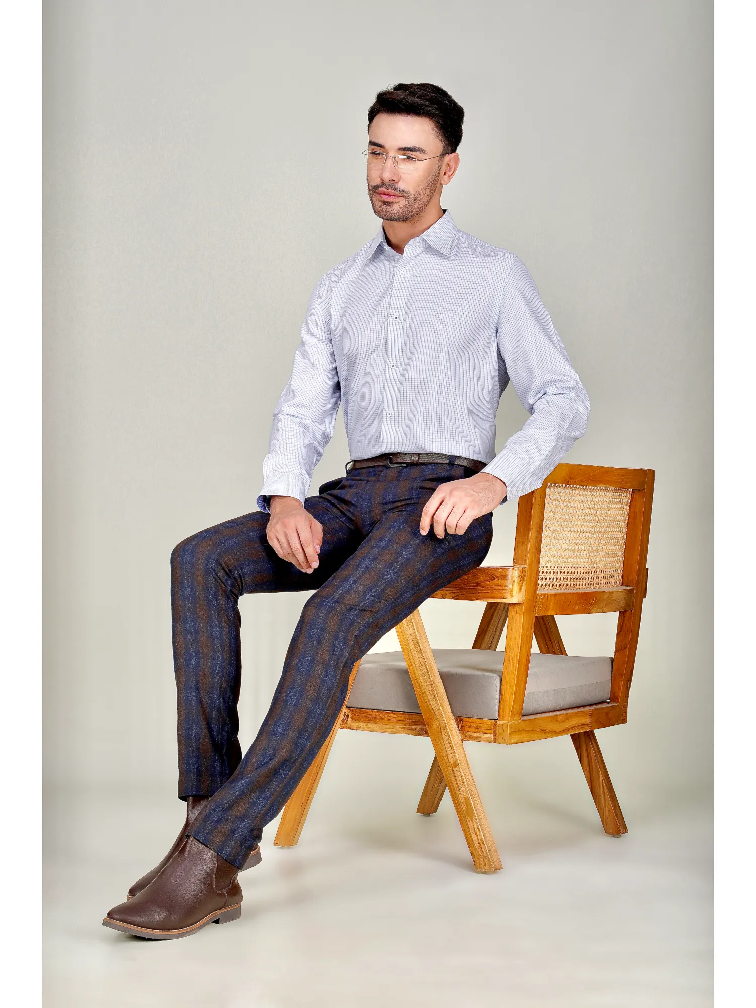 Non-Iron Pure Cotton White Shirt with Light Blue Checks – Dobby Weave
