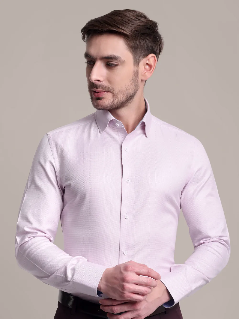 Non-Iron Pure Cotton Light Pink Hound's Tooth Shirt