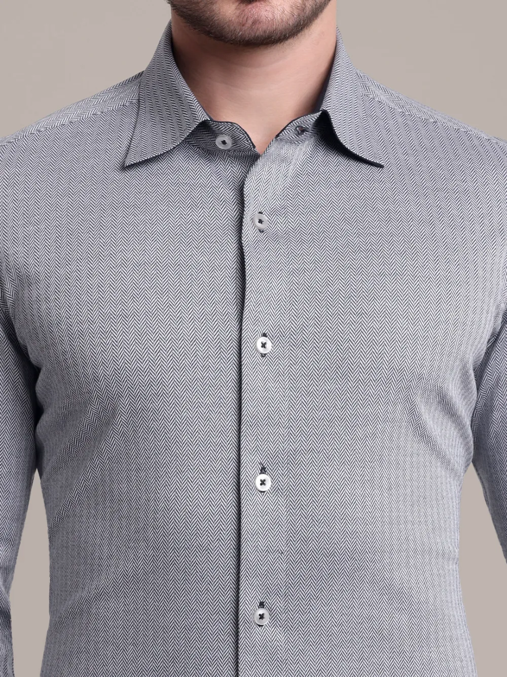 Non-Iron Stretch Gray Herringbone Print Shirt