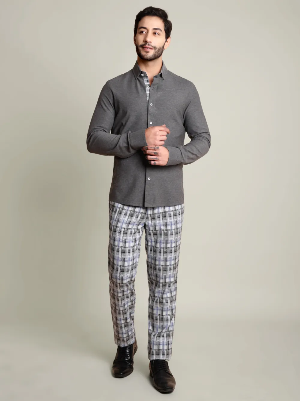 Pure cotton Extra stretch Shirt and Viscose Grid Trousers Designer Pair